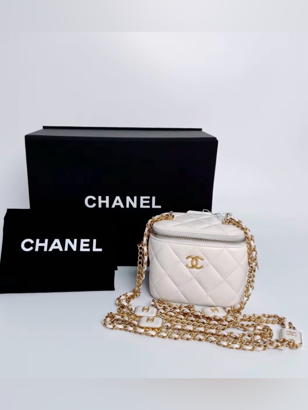 CHANEL Cream Quilted Vanity Crossbody with Gold Chain